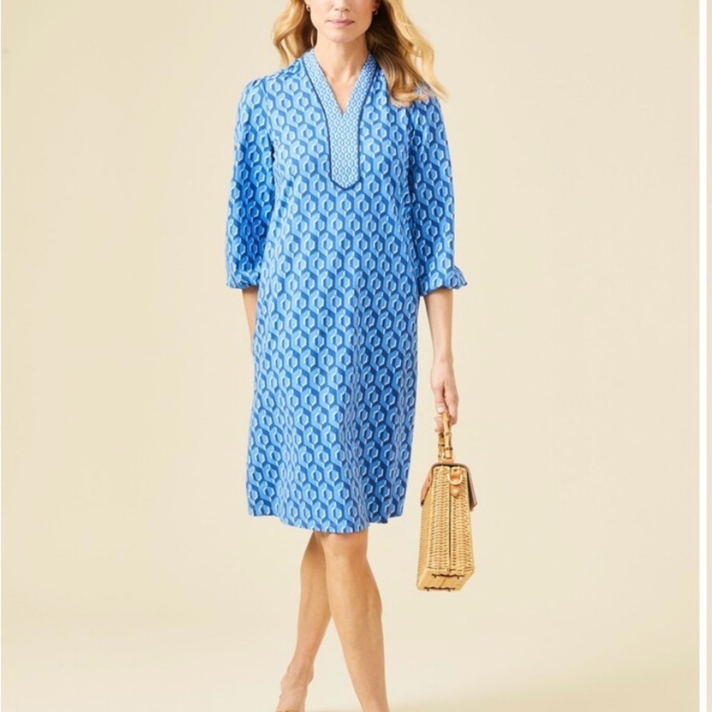 J. McLaughlin Emer Midi Dress in Blue Geometric Print Size Small Beach Resort - Picture 4 of 13
